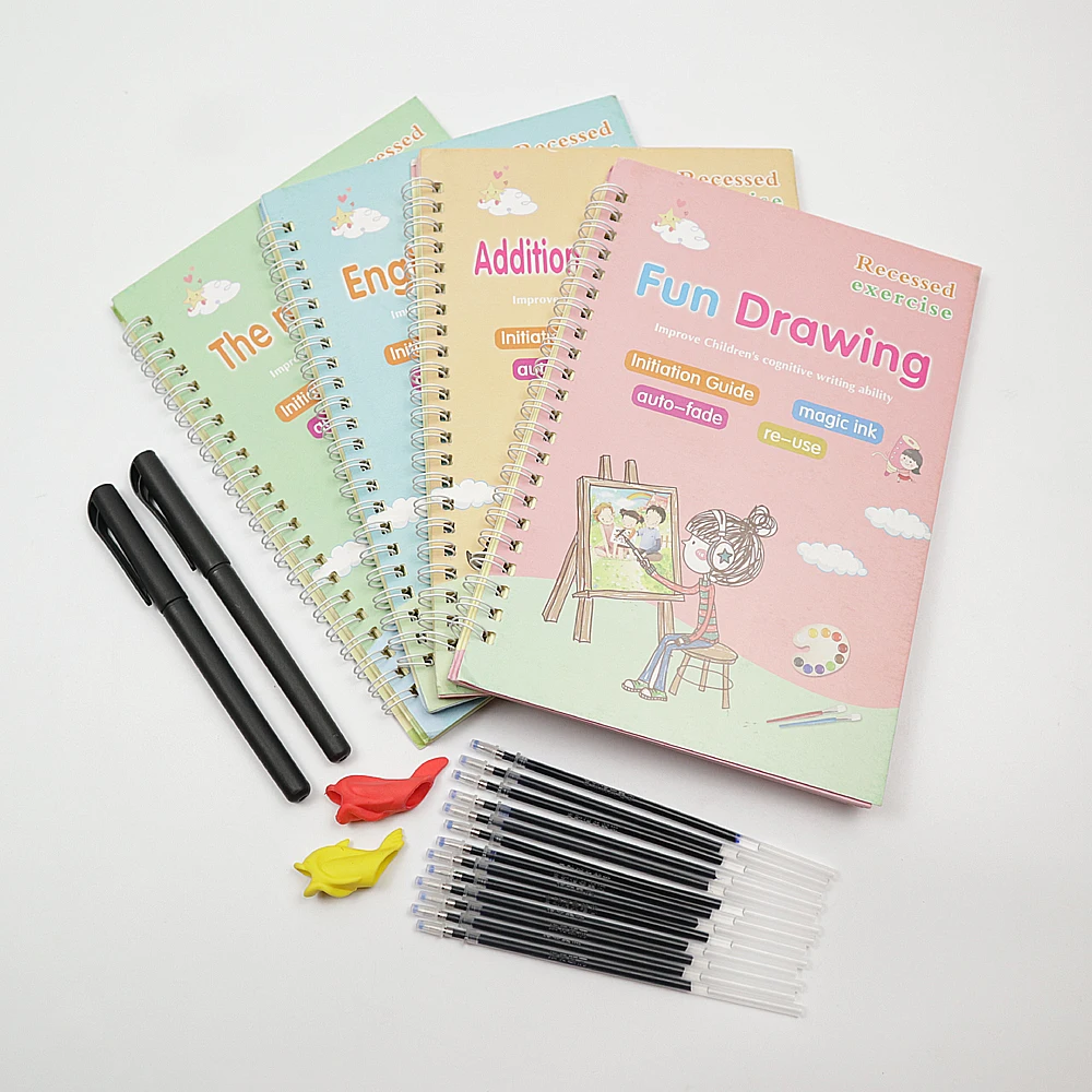 4 pcs/set Magic Copybooks Reusable Groove Picture English Number Lettering Magic Practice Books for Children's