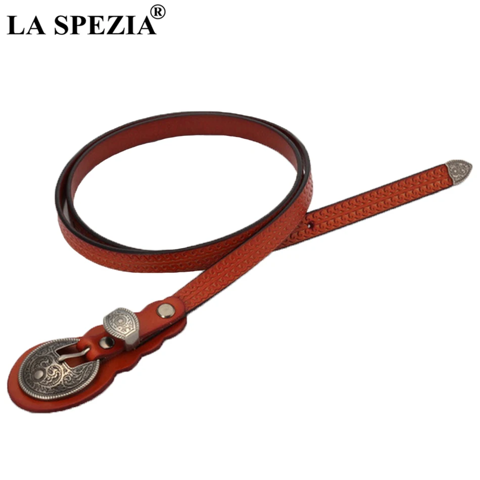 LA SPEZIA Leather Dress Belt Women Red Thin Pin Buckle Belts Female Narrow Genuine Leather Cowhide Ladies Brand Waist Belt Jeans