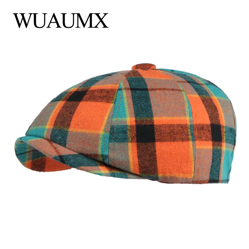 NEW Casual Retro Octagonal Hats For Women Blue Orange Plaid Eight-blade Painters Newsboy Cap For Men Cotton Herringbone Flat Cap