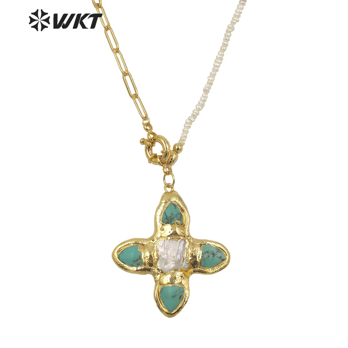 

WT-JN150 WKT Newest Design Natural Turquoises And Pearl Mix Necklace Gold Plated Elegant Office Lady Chains Flower Shape