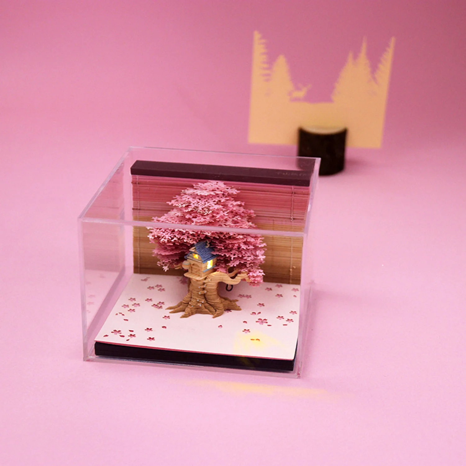 3D Postit Cherry Tree with Light Memo Pad DIY Art Building Block Paper Carving Treehouse Notepad Creative Post Notes Gift