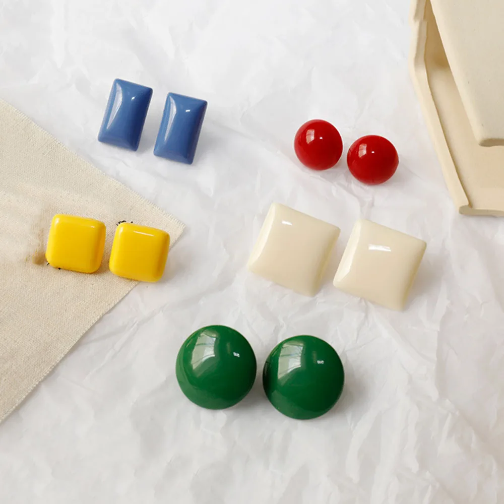 Korean Candy Color Big Round Square Stud Earrings For Women New Simple Geometric Resin Jewellery Red Blue Earing Oorbellen