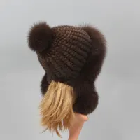 Real Mink Fur Hat with Fox Fur Ball Earmuffs Protective Cap Winter Hat for Women Russian Autumn Hat Fox Fur Beanies Fall Bonnets - Image 5