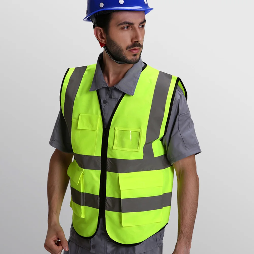 Visibilitas Tinggi Keselamatan Rompi Reflektif Kain Peringatan Rompi Neon Workwear dengan Saku Jaket Motor Pakaian