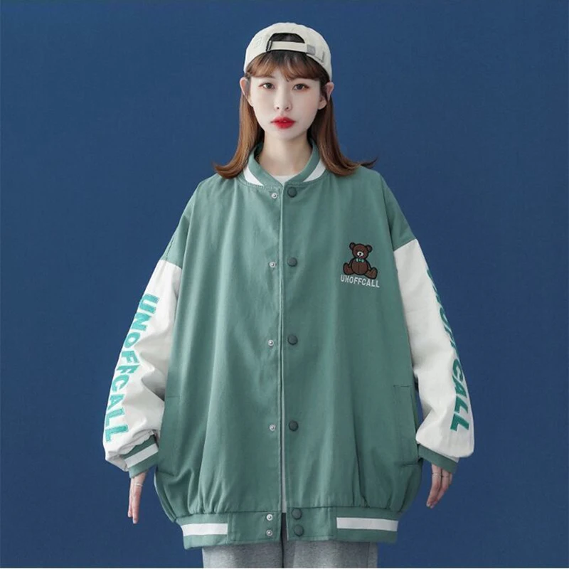 

Nice Spring Streetwear Baseball Jacket Harajuku BF Baseball Coat Women Single Breasted Spliced Autumn Bomber Jacket Clothing