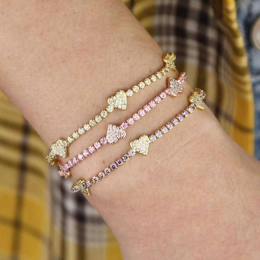 2025 Delicate Colorful White Purple Pink Thin Tennis Cz Heart Chain Bracelets For Women Lover Elegance Gifts Jewelry