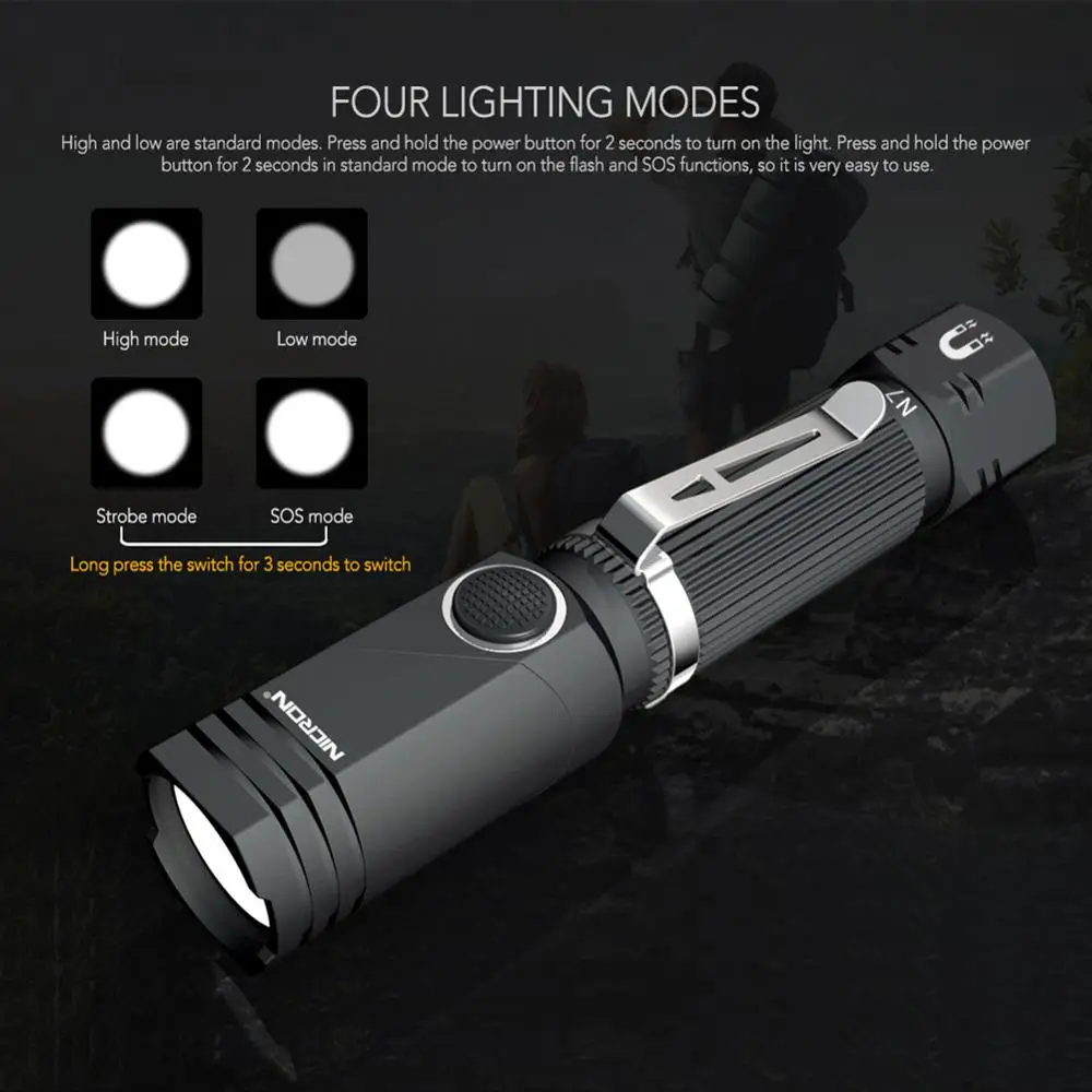 NICRON Led Flashlight Handfree Dual Fuel 90 Degree Twist Rotary Clip 600LM Waterproof Magnet Mini Lighting LED Torch Outdoor N7