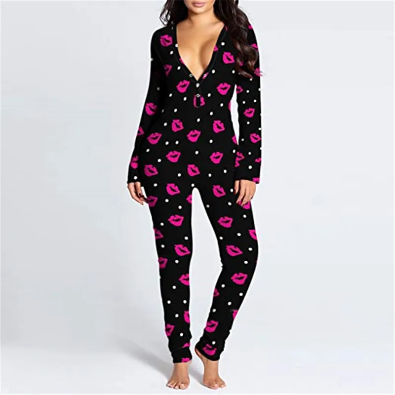 CHRONSTYLE 2021 Valentine\'s Day Sleepwear Jumpsuit Long Sleeve Butt Flap Romper Women V-neck Heart Lip Print One Piece Nightwear