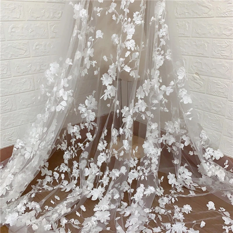 New Lace Fabric Off White Tulle Mesh Embroidery Lace Fabric DIY Wedding Dress Cloth Lace Fabric By The Yard