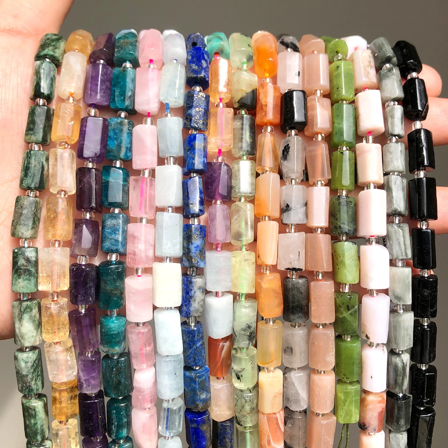 Natural Stone Quartz Kunzite Tourmaline Amethyst Aquamarines Faceted Cylinder Spacer Beads for Jewelry Making DIY Bracelet 7.5\'\'