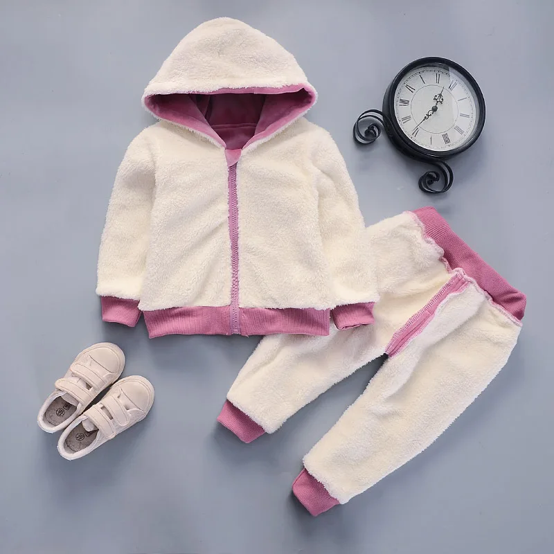 Warm Baby Girls Clothing Set Winter Thick Plush Cotton Clothing Sets For Baby Girls Hoodies And Pants Kids Suit Children Clothes