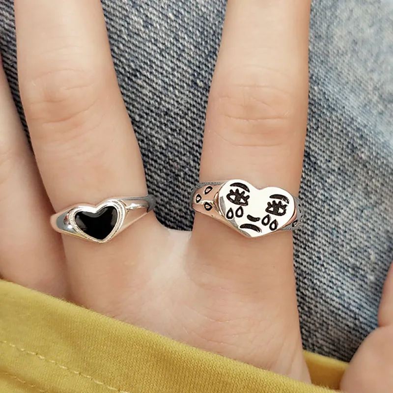 Foxanry timbre noir amour coeur anneaux pour les femmes nouvelle mode mignon dessin animé visage thaï argent rock fête bijoux cadeaux