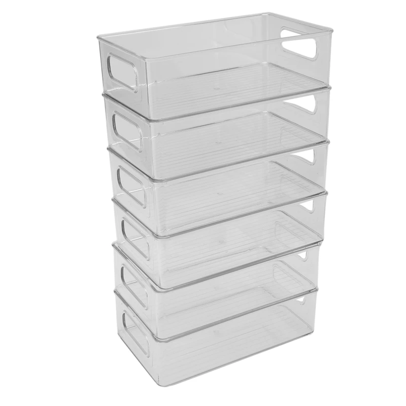 6Pcs Refrigerator Organizer Bins Stackable Fridge Organizers with Cutout Handles Clear Plastic Pantry Food Storage Rack