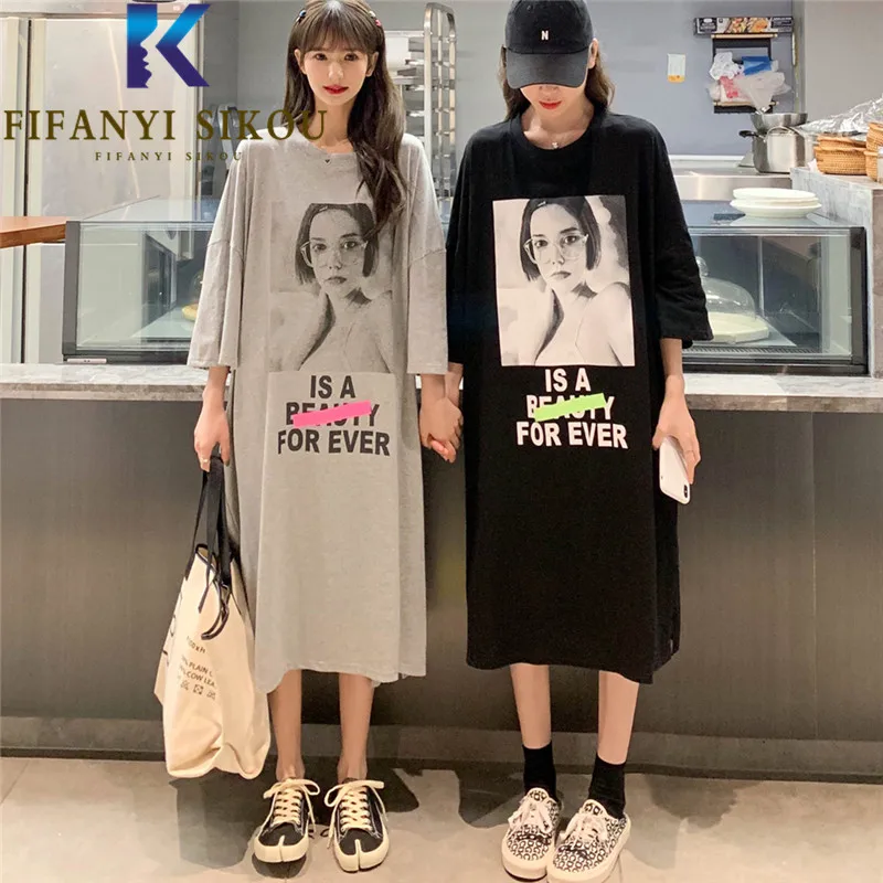 

2021 Summer Long T-Shirt Dress Women Korean Casual O-Neck Short Sleeve Tees Loose Tops Female Fashion Split Print T Shirt