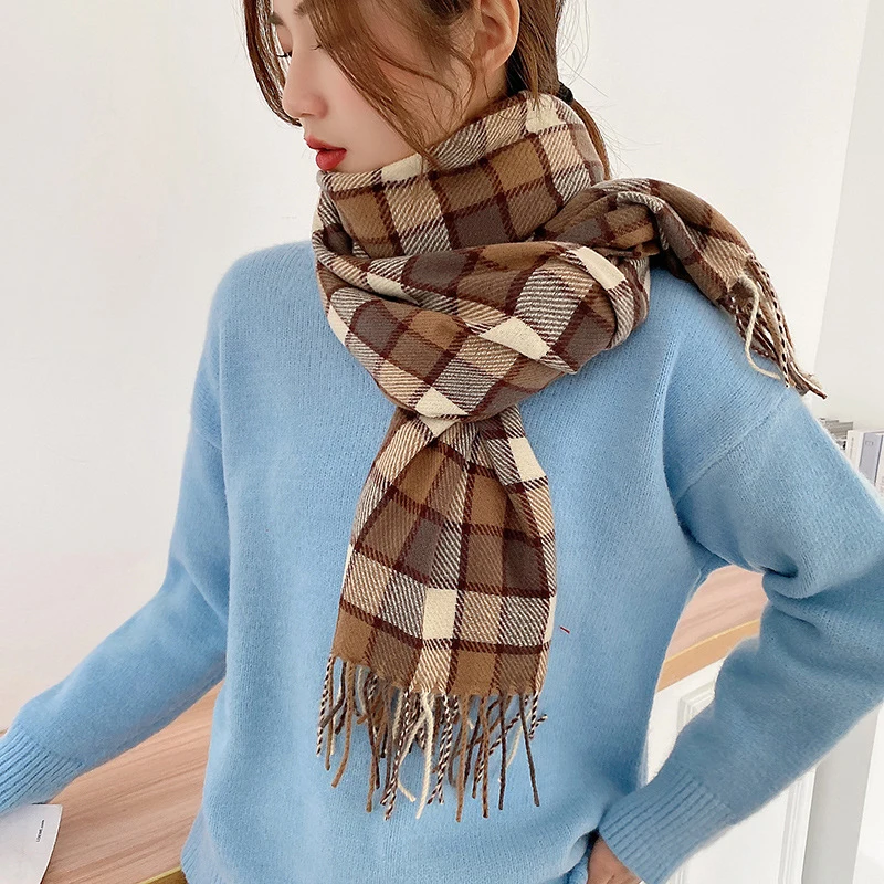 

Fashion Imitation Cashmere Women Vintage Winter Sweet Plaid Scarf Warm Bandana Outdoor Casual Wild Female Tassel Long Wrap Shawl