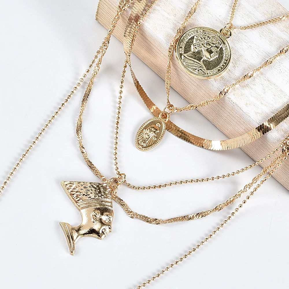 New Vintage Fashion Multilevel Gold-plate Necklaces For Women Maria Pharaoh Head Pendant Necklace 2020 Female Boho Jewelry