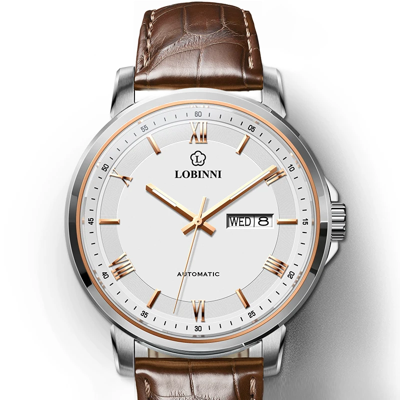 LOBINNI Luxury Genuine Leather Band Men Mechanical Watch Date Automatic Watches Sapphire Glass Waterproof 50M Men Watches