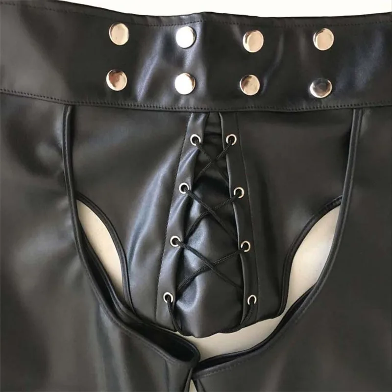 Erotic Hollow Latex Sissy Pants Patent Leather Fetish Gay Open Crotch Pants Porno Pole Dance Costumes for BDSM Sex Games