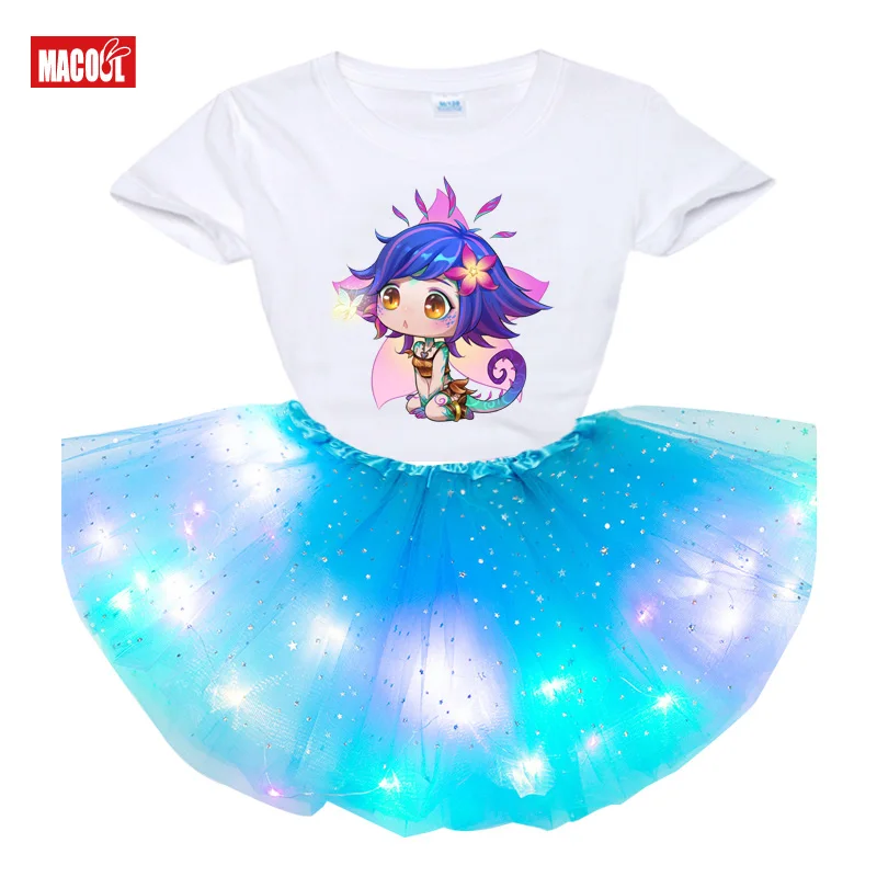 

Girls Luminous Skirt Set 2021 Summer T Shirt Kids Dress Clothes Cute Anime Print T-shirts 2Pcs Suit Tutu Dress Birthday Present