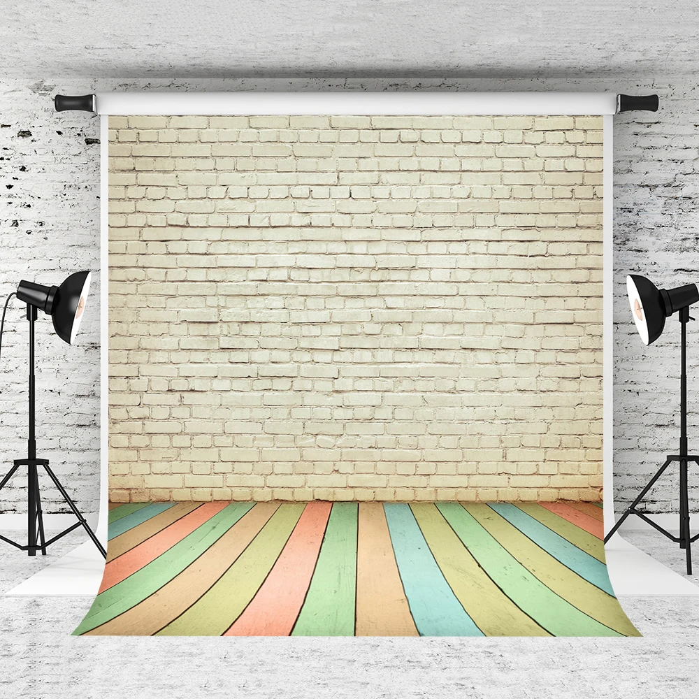 

VinyBDS White Brick Wall Photography Backgrounds Colorful Wooden Photography Studio Backdrop Children Photo Studio Photographic