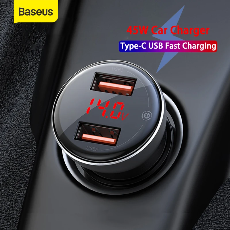 

Baseus 45W Car Charger Dual USB Quick Charging SCP 4.0 3.0 Fast PD USB C Car Phone Charger With Cable For iPhone HUAWEI Xiaomi