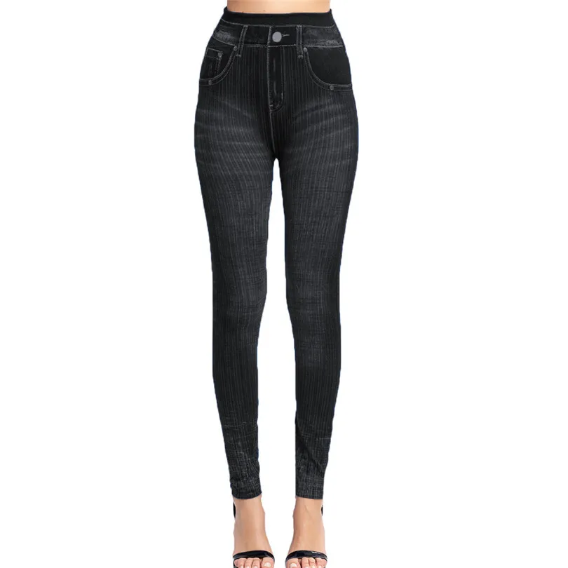 Yrrety calças de treino feminino elástico yoga fitness esportes sem costura leggings falso denim jeans listra cintura alta empurrar para cima calças