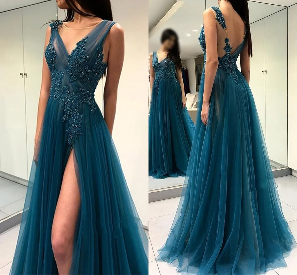 Sexy Donkerblauwe Backless V-Hals Avondjurken 2024 Mouwloze Appliques Parels Lange Prom Feestjurken Vestido De Festa