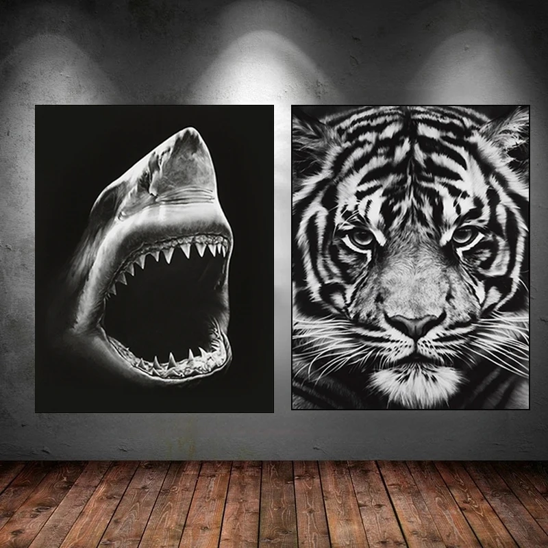 Wild Animals Cheetah Shark Black and White Canvas Painting Poster and Print Wall Art Pictures for Living Room Home Decor Cuadros