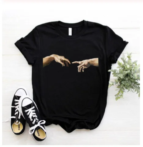 Michelangelo David handprint printed women's t-shirt femaale clothes aesthetics Harajuku ulzzang graphic 90s summer black top