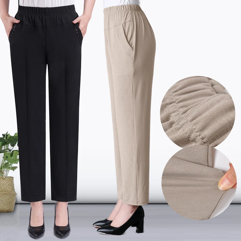 Middle-aged Women Spring Summer Pant Thin Elastic Waist Straight Pants Mother Clothing Casual Nine Points Pants Female XL-5XL