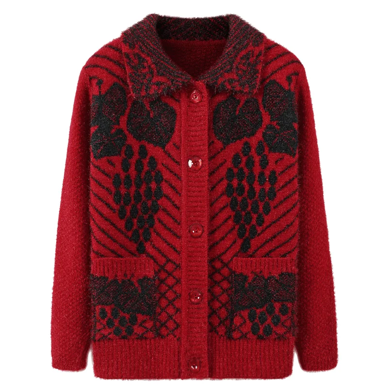 Damski sweter rozpinany z dzianiny dla kobiet w średnim wieku, kurtka, długi rękaw, jednorzędowy, gruby, z nadrukiem, topy A320