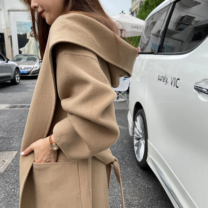 100% Wool Autumn And Qinter 2021 New Long-Sleeved Belt Hat Keep warm Lengthen Coat Casual Beautiful Woolen Coat Women