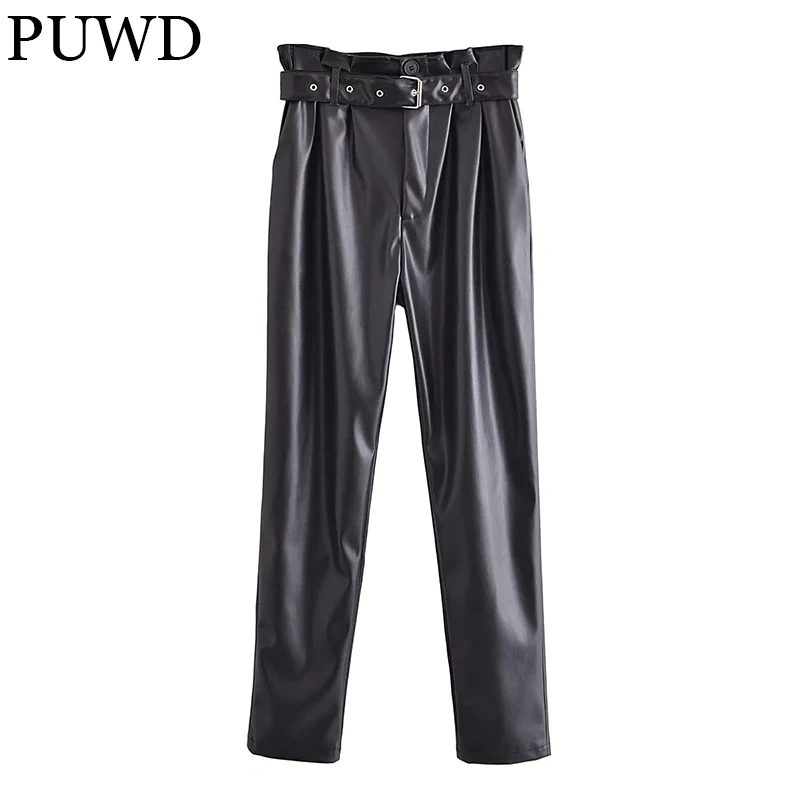 

PUWD Vintage Women Faux Leather Pleated Leather Pants With Sashes 2021 Autumn Winter Leather Buckle Trousers Slim Female Bottoms