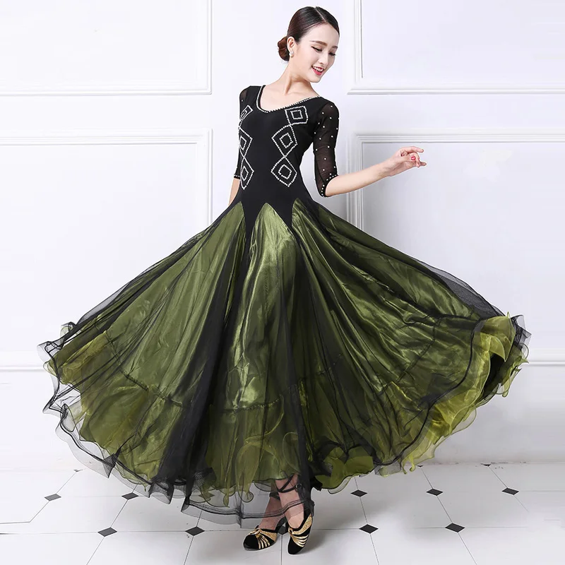 Vestido de dança de salão de baile padrão para mulher alta quaity verde escuro competição dança de salão traje da senhora vestidos flamenco