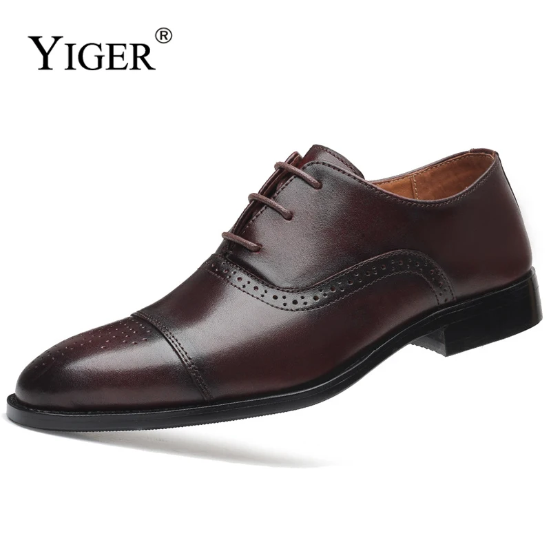 YIGER Men's dress shoes Oxford shoes Man Formal shoes Brogue Business shoes male Lace-up shoes male dress shoes Black Brown 2023