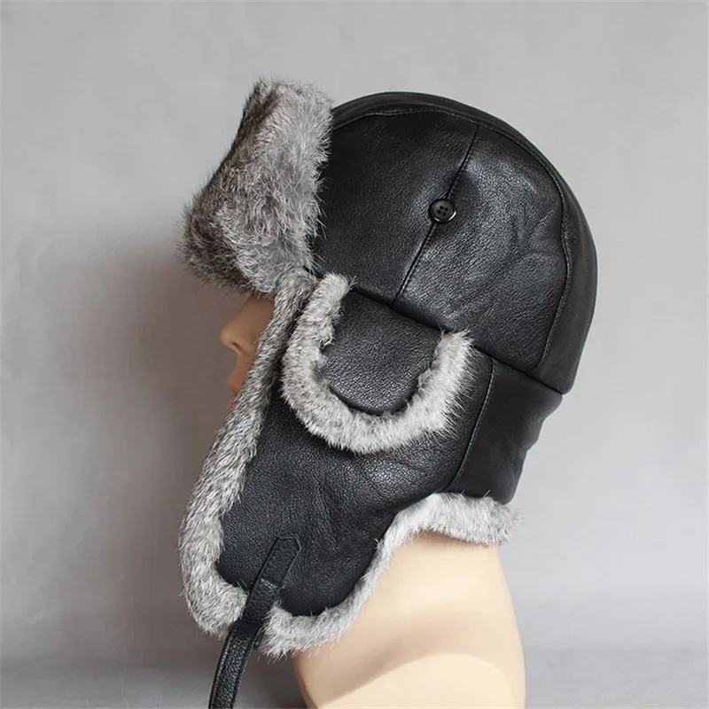 

Free Shipping 2024 Real Russian Rabbit Fur Leather Bomber Hat Men Winter Keep Warm Hats With Earmuffs Trapper Earfiap Cap Hats