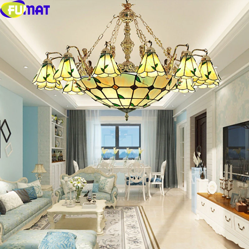 FUMAT Tiffany Style Clover Green Leafs American Chandeliers Multi Light Alloy Gold Mermaid Frame Pendant Lamp Dimming Decorative