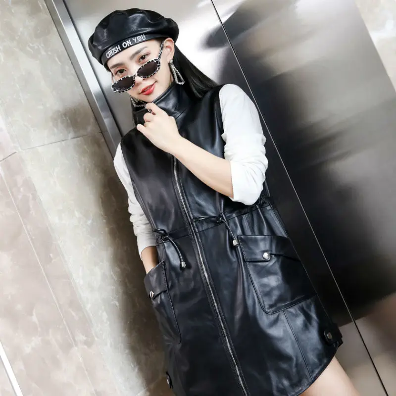 Mid-Length Waistcoat Women Autumn Genuine Leather Lapel Zipper Pockets Drawstring Female Sheepskin Vest Black Sleeveless Jacket