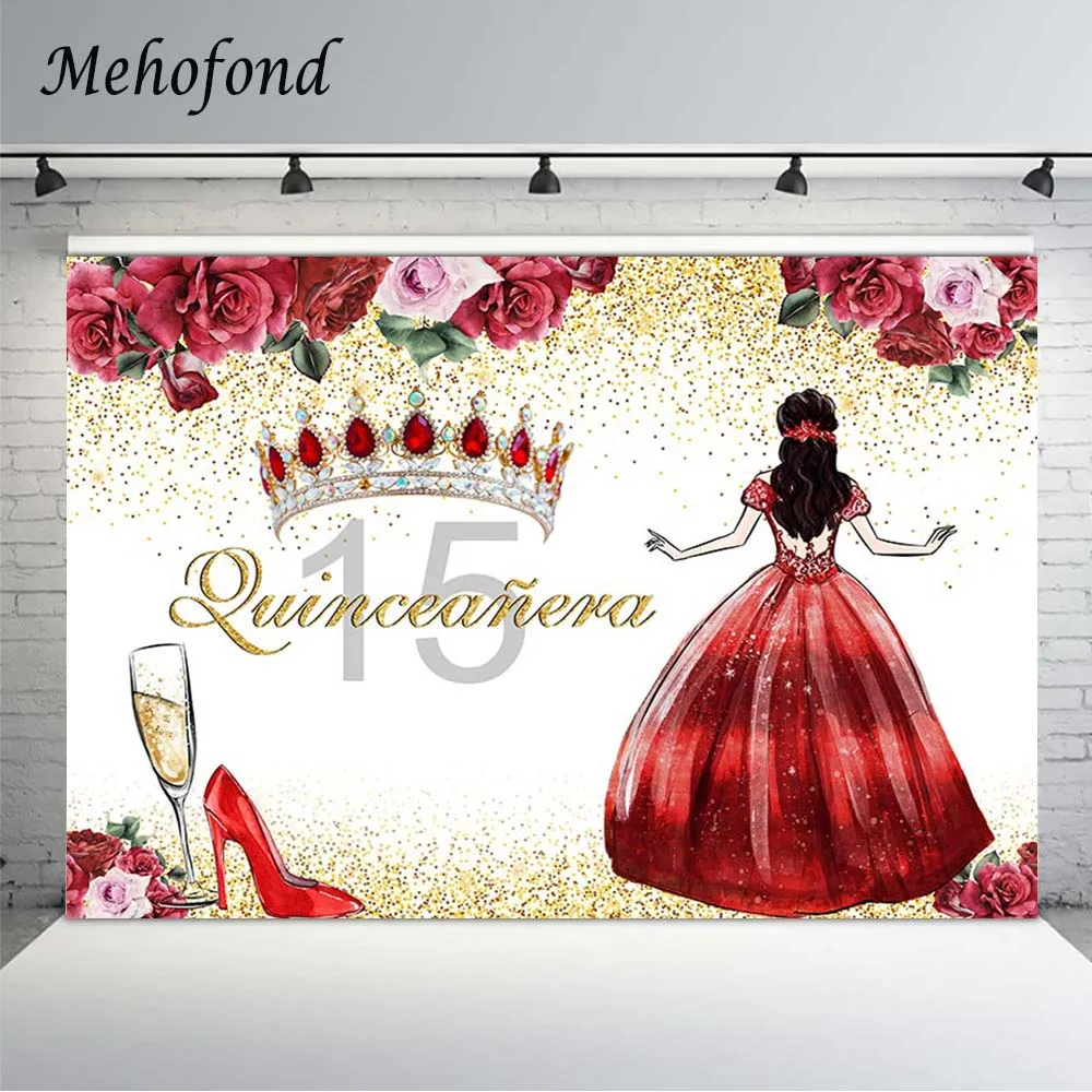 

Mehofond 15th Birthday Party Backdrop Sweet Princess Red Flowers Gold Diamond Crown Girl Ceremony Photography Background Banner