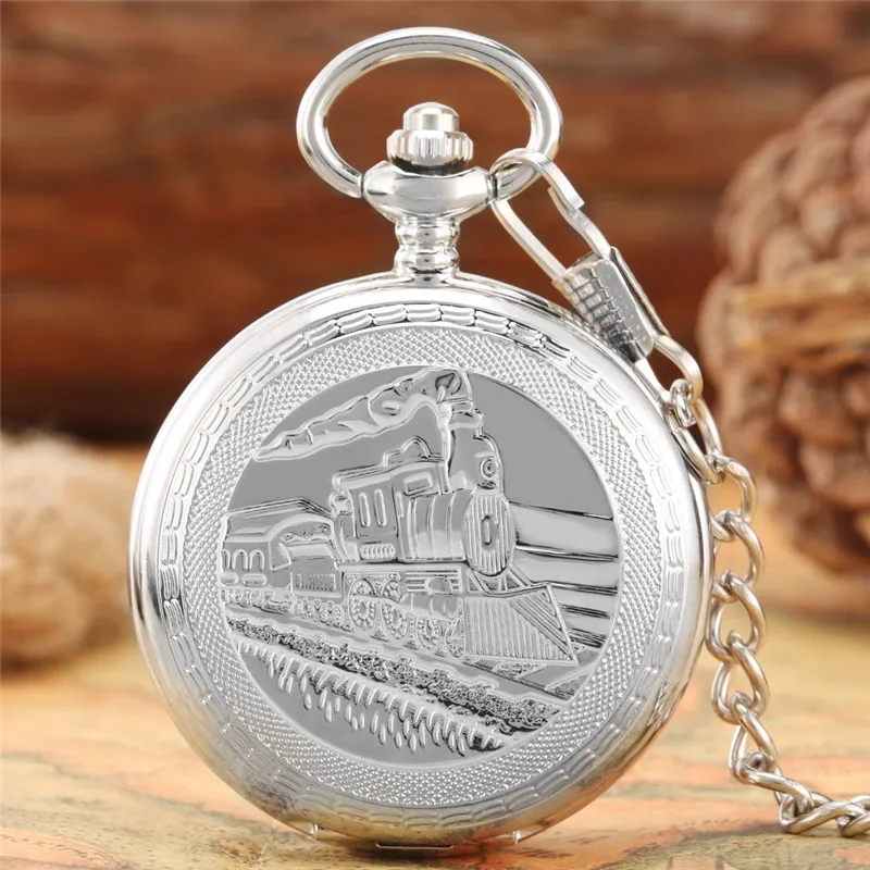 Steampunk Silver Locomotive Steam Train Clock Unisex Hand Winding Mechanical Pocket Watch Roman Number Dial Pendant Chain reloj