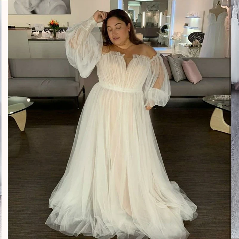 Robe de mariée à manches longues pour femmes, robe de mariée grande taille, manches longues, bouffantes, campage léger, longueur au sol, tribunal, train, patients, quelle que soit la grande taille, B2018, cou, mariées