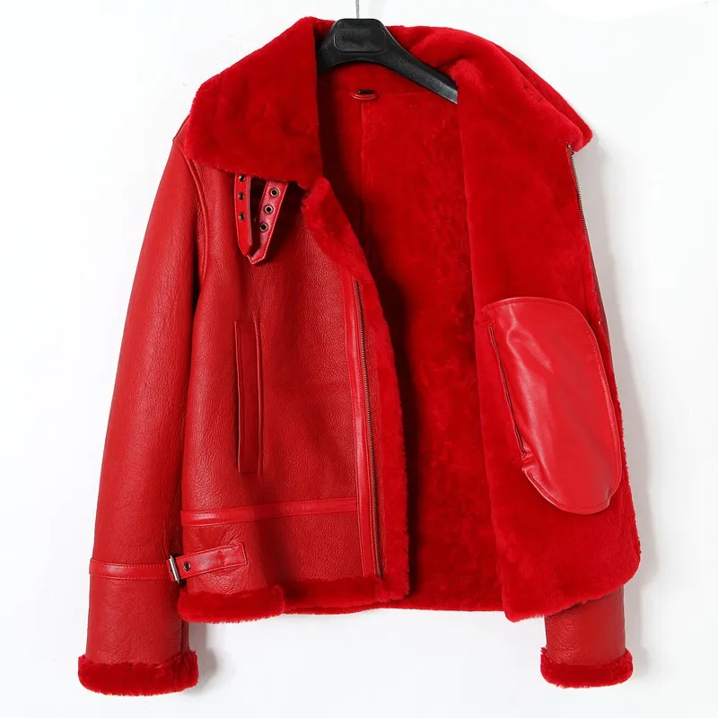 Luxury Ladies Shearling Real Fur Jackets Autumn Winter Thick Warm Long Sleeve Genuine Leather Biker Coat Elegant Red Outwear