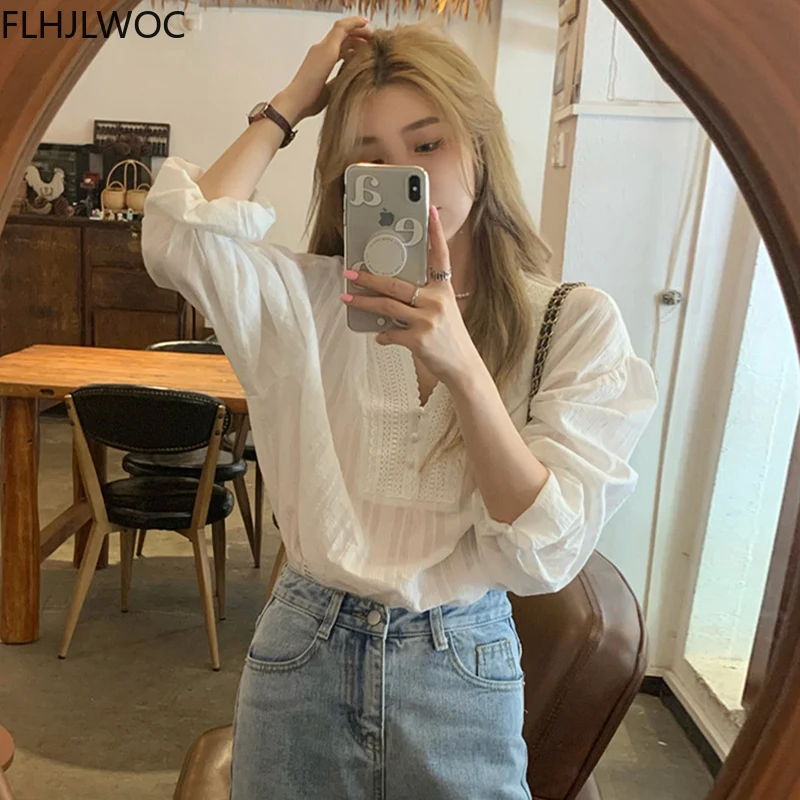 White Lace Tops Blusas Hot Sales 2021 Fall Autumn Women Cute Sweet Girls Casual Single Breasted Button Basic Shirts Blouses