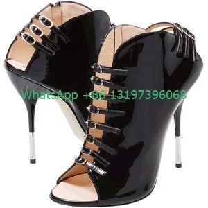 

Ladies peep toe patent leather boots high heel ankle boots sexy hollow stiletto heels black footwear metal buckle large size 546