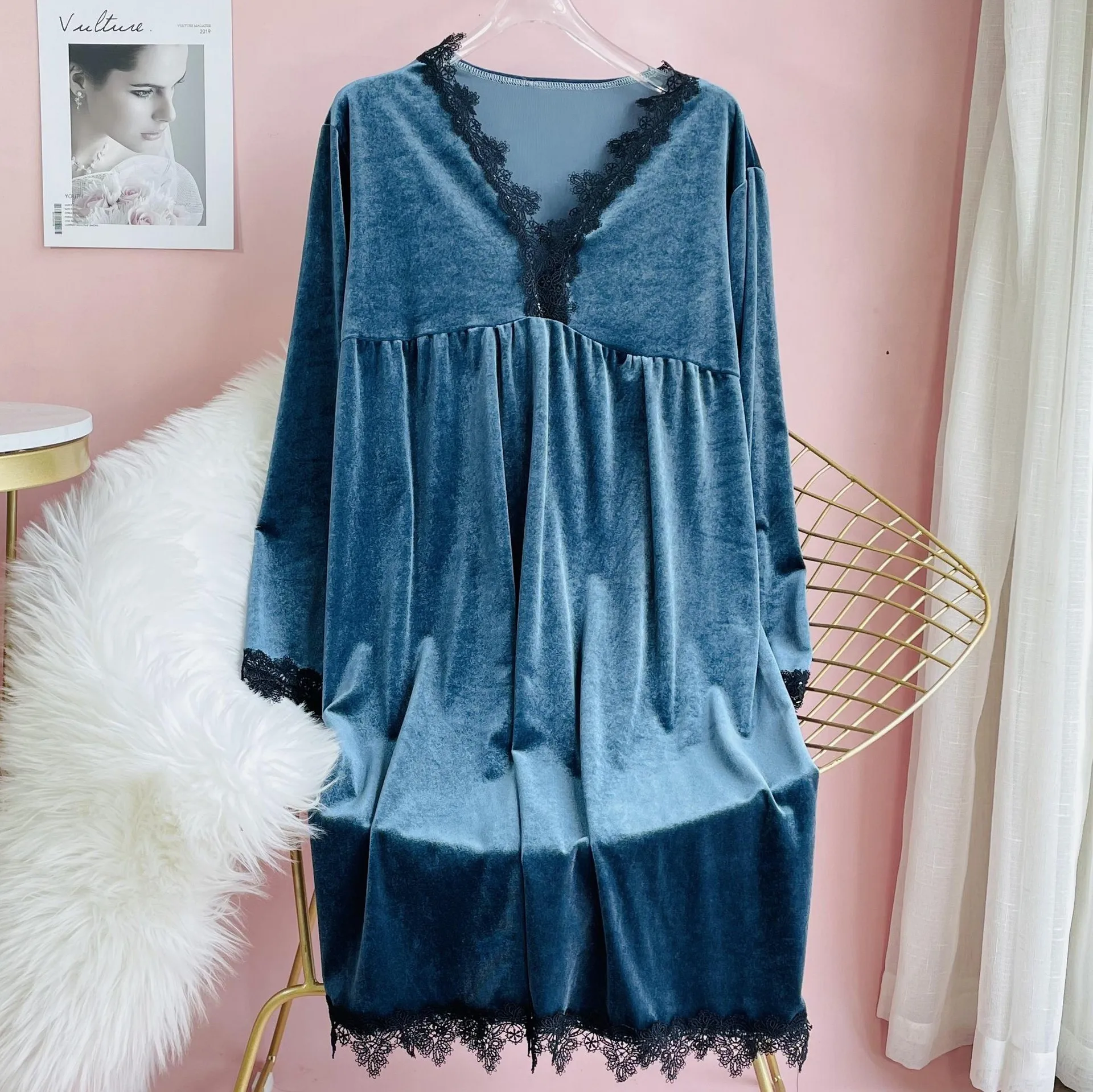 

Lace Velour Patchwork Nightgown Intimate Lingerie Casual Long Sleeve Women Home Clothing Nightdress Spring New Nightwear