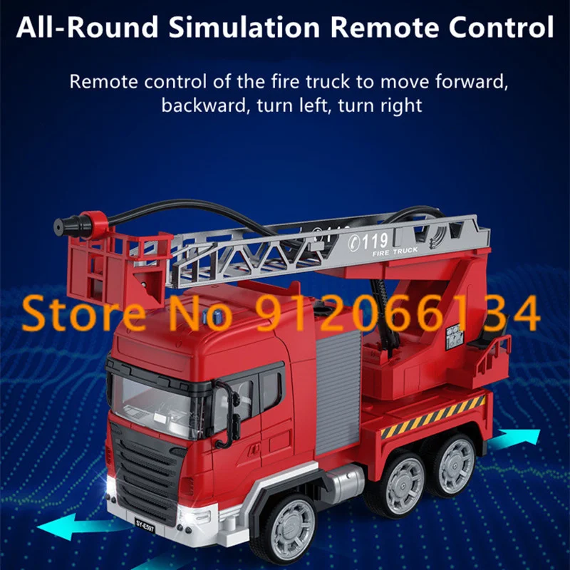 1:20 One Key Remote Control Water Spray Truck 2.4G 360° Console Rotate Lifting Ladder 30Mins LED Lighting fire fighting RC Truck