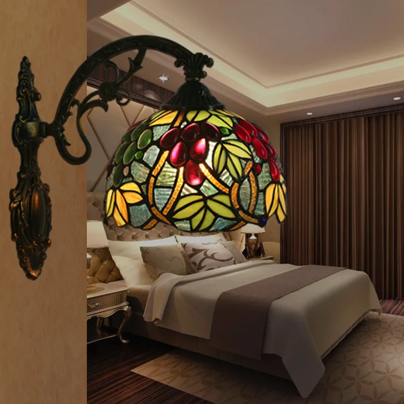 European Retro Grape Stained Glass Restaurant Cafe Stair Aisle Bedroom Bedside Tiffany LED Wall Lamp