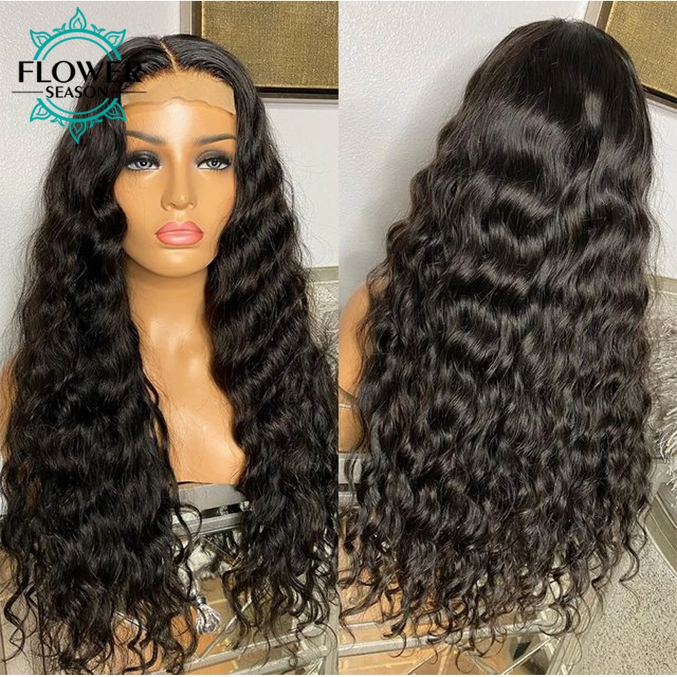 Water Wave Human Hair Wig 180Density 5x5 PU Scalp Top Lace Front  Wig Preplucked for Black Women Wave Hair wigs FlowerSeason