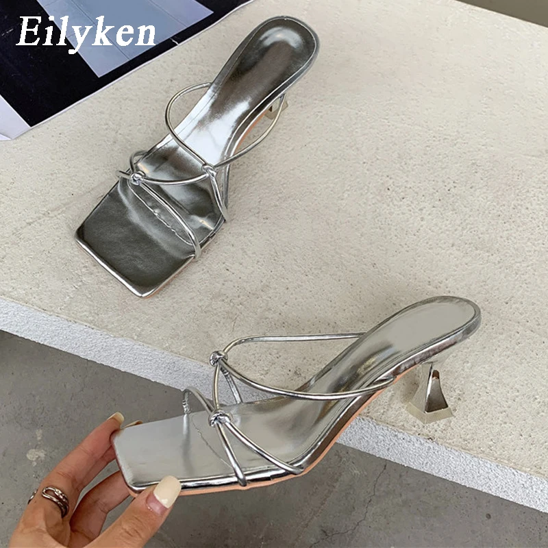 Eilyken 2024 New Summer Gold Slipper Low Heel Slides Female Peep Toe Square Heel Sandal Vacation Women Flip Flops Mujer Shoes