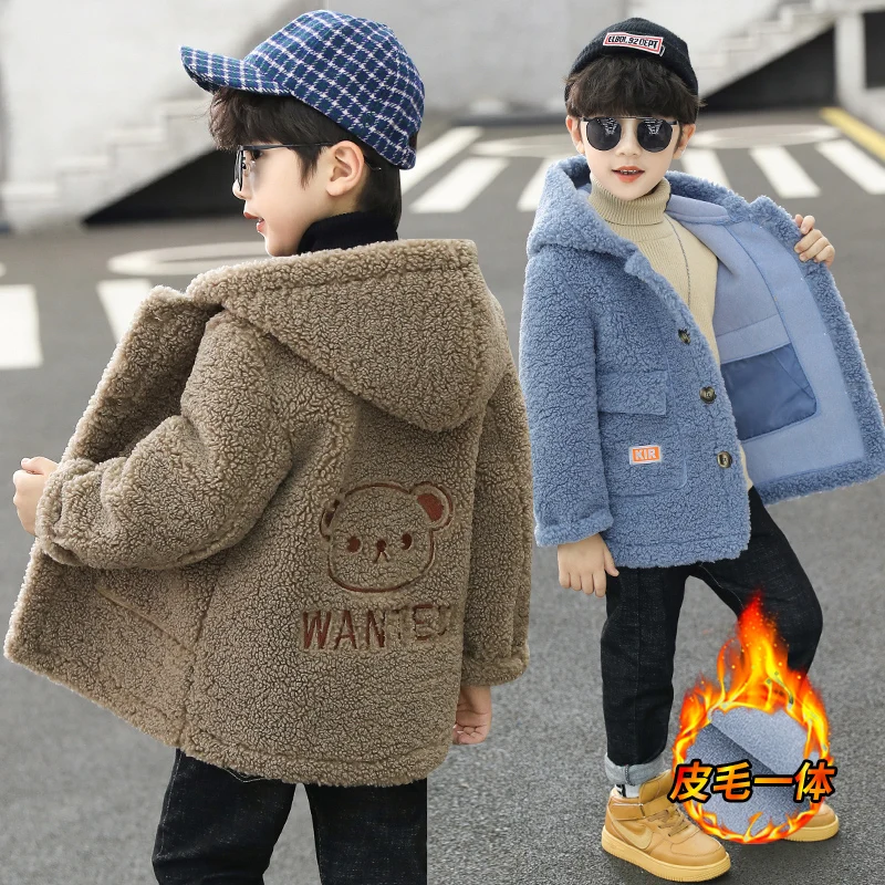 

New Arrival Boys Furry Sweater 2023 Fall & Winter Kids Fleece-Lined Thick Lambskin Jacket Children Polar Fleece Thermal Fur Coat